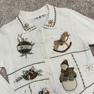Vintage Christmas Button Sweater Collar Snowman Stocking‎ OHI Women Size Small